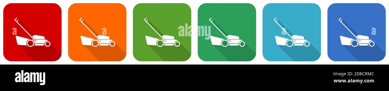 Lawn mower icon set, flat design vector illustration in 6 colors options for webdesign and mobile applications Stock Vector