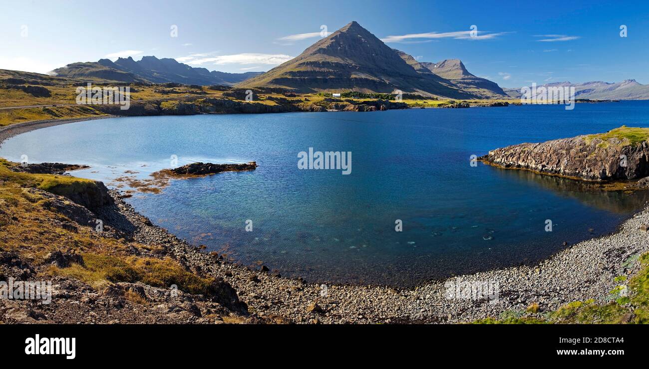 fjord Berufjordur and Godaborg mountain, Iceland, Teigarhorn Stock Photo