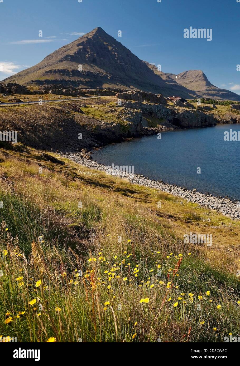 fjord Berufjordur and Godaborg mountain, Iceland, Teigarhorn Stock Photo