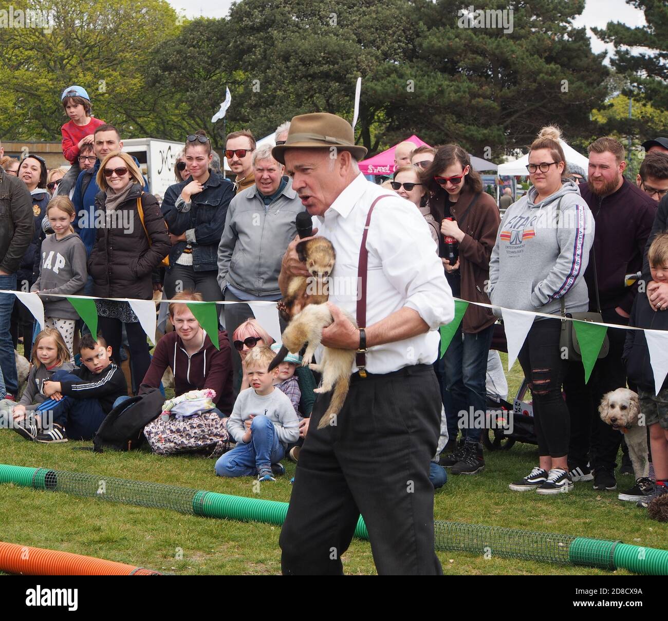 A compere shows off ferrets to the crowd at a ferret racing event. Stock Photo