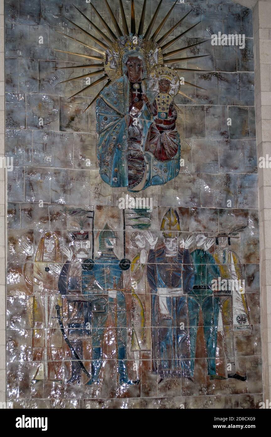 נצרת, Nazareth, الناصرة, Israel, ישראל; Basilica of the Annunciation, inside view. Mosaic, a stylized copy of the painting of Our Lady of Częstochowa Stock Photo