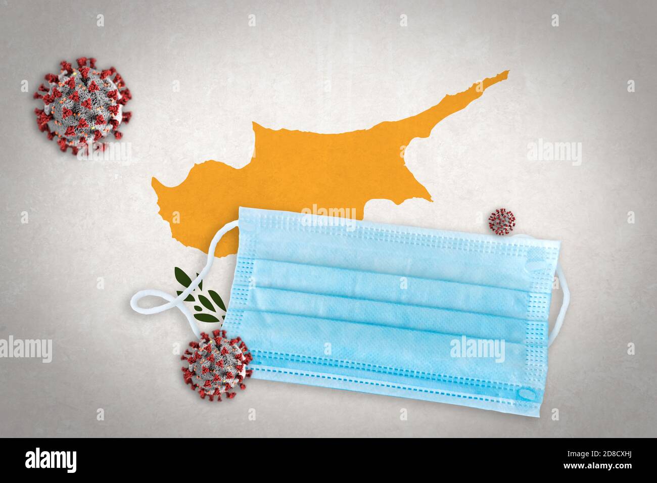 Concept illustration of surgical face mask over flag of Cyprus and Coronavirus or Covid19