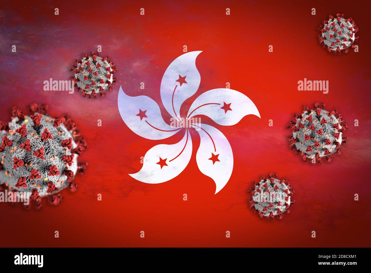 Concept illustration of Coronavirus or Covid-19 particles overshadowing flag of Hongkong symbolising outbreak. Stock Photo