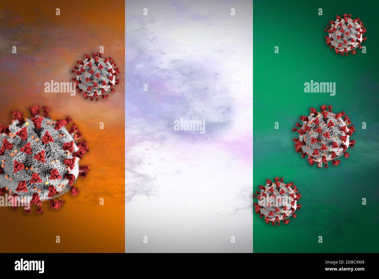 Concept illustration of Coronavirus or Covid-19 particles overshadowing flag of Ivory Coast symbolising outbreak. Stock Photo