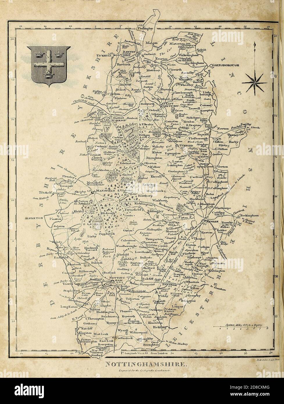 Ancient 19th Century map of Nottinghamshire (Nottingham shire abbr Notts.) a county in the East Midlands region of England. Copperplate engraving From the Encyclopaedia Londinensis or, Universal dictionary of arts, sciences, and literature; Volume XVII;  Edited by Wilkes, John. Published in London in 1820 Stock Photo