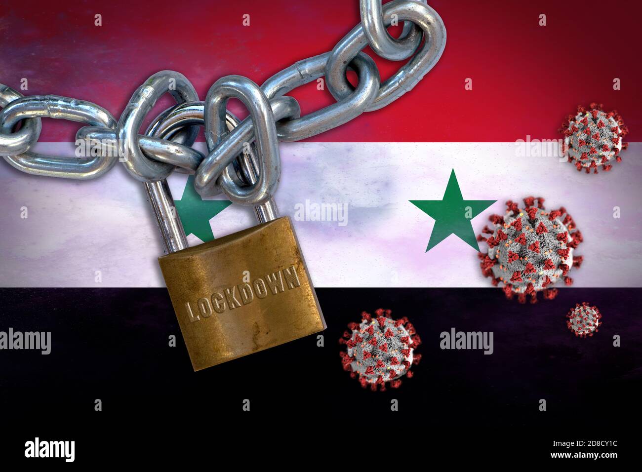 Concept illustration of Coronavirus lockdown in Syria, with Covid-19 particles overshadowing flag of Syria. Stock Photo