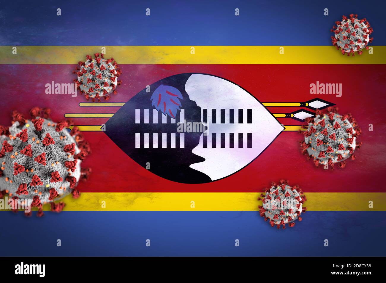Concept illustration of Coronavirus or Covid-19 particles overshadowing flag of Swaziland symbolising outbreak. Stock Photo