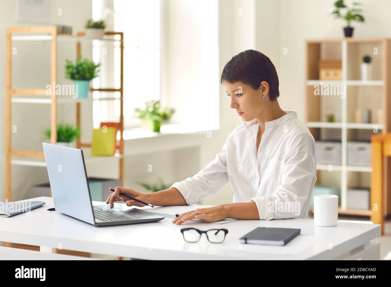 Young business woman sitting and working on laptop in office Stock Photo