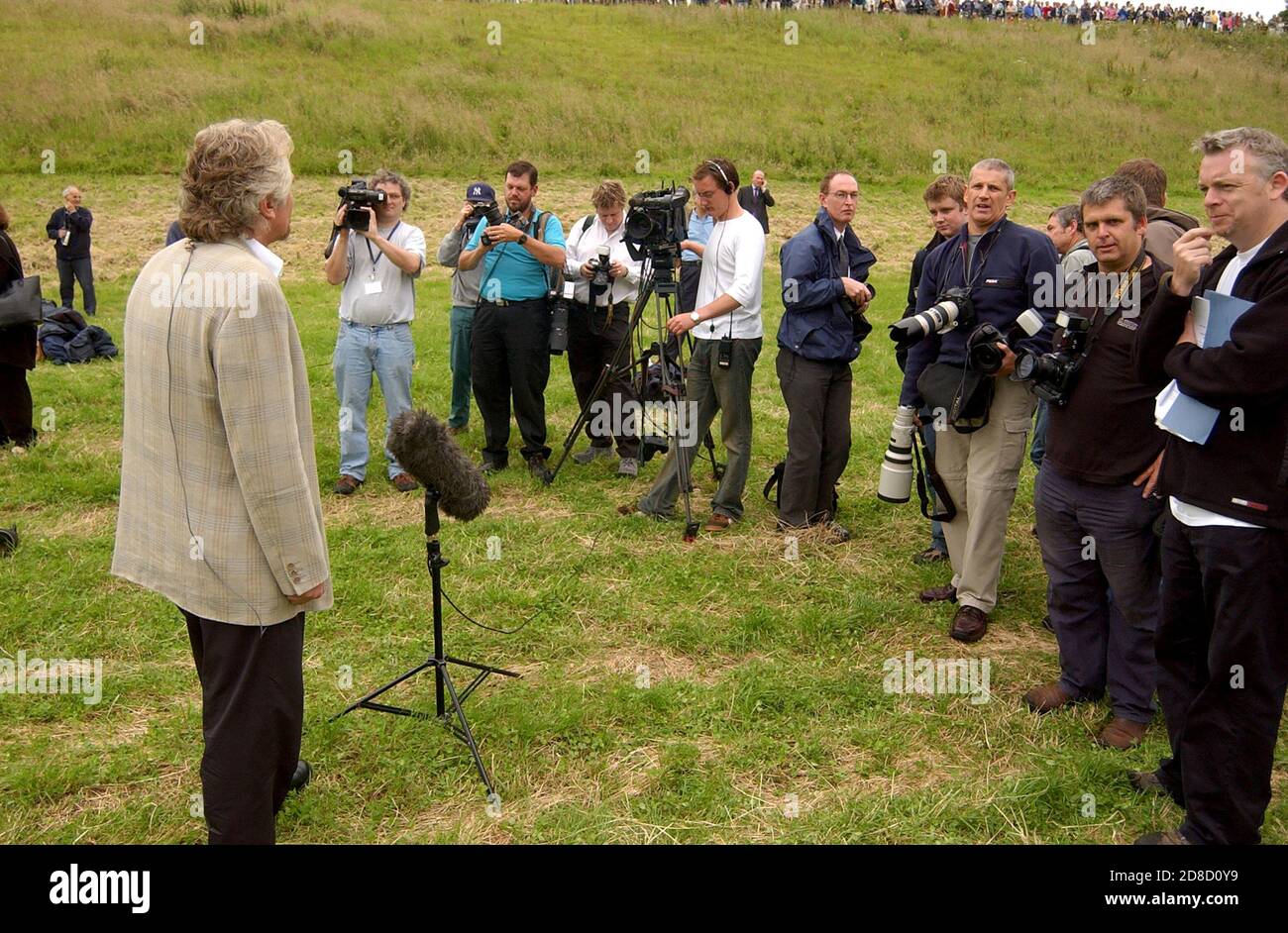 Richard Branson faces the media before he recreates the 1853 flight of Sir George Cayley's glider, in a replica, at Brompton, Near Scarborough, North Stock Photo