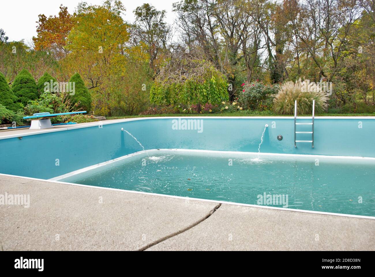 backyard swimming pool with diving board and ladder emptied out