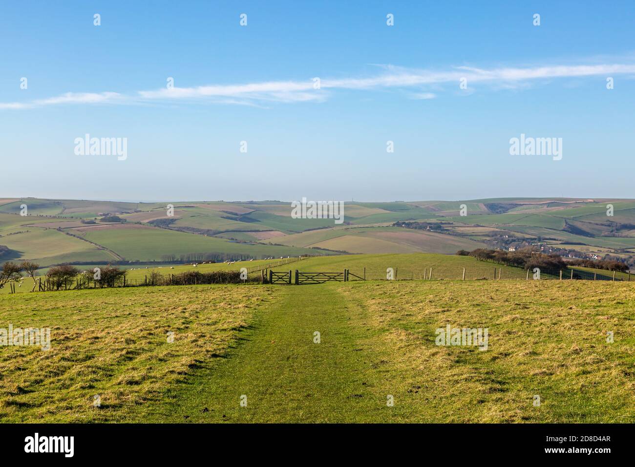 Looking along a pathway on Firle Beacon in the South Downs, on a sunny winters day Stock Photo