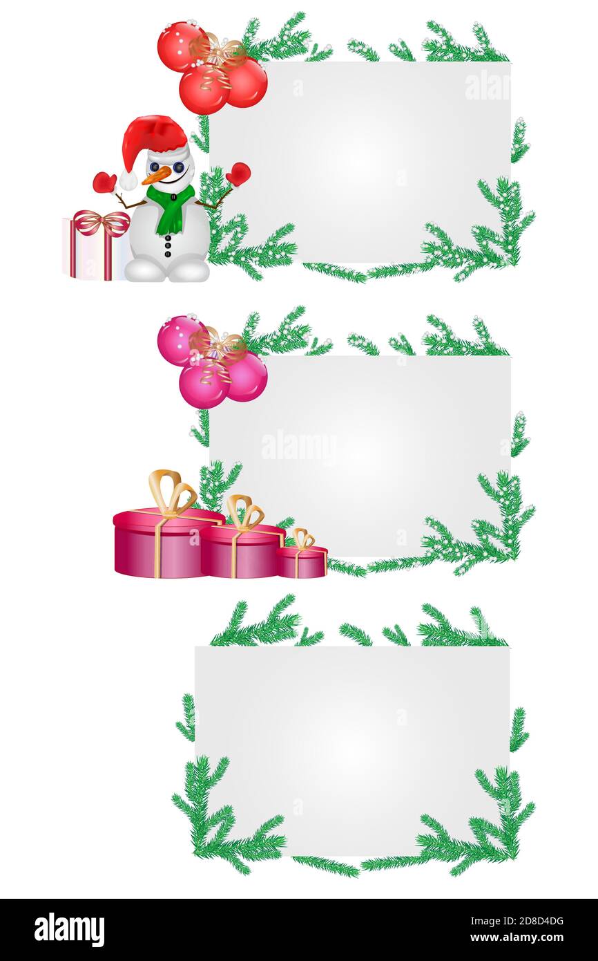 Merry Christmas and New Year banners set with fir branches, red balls ...