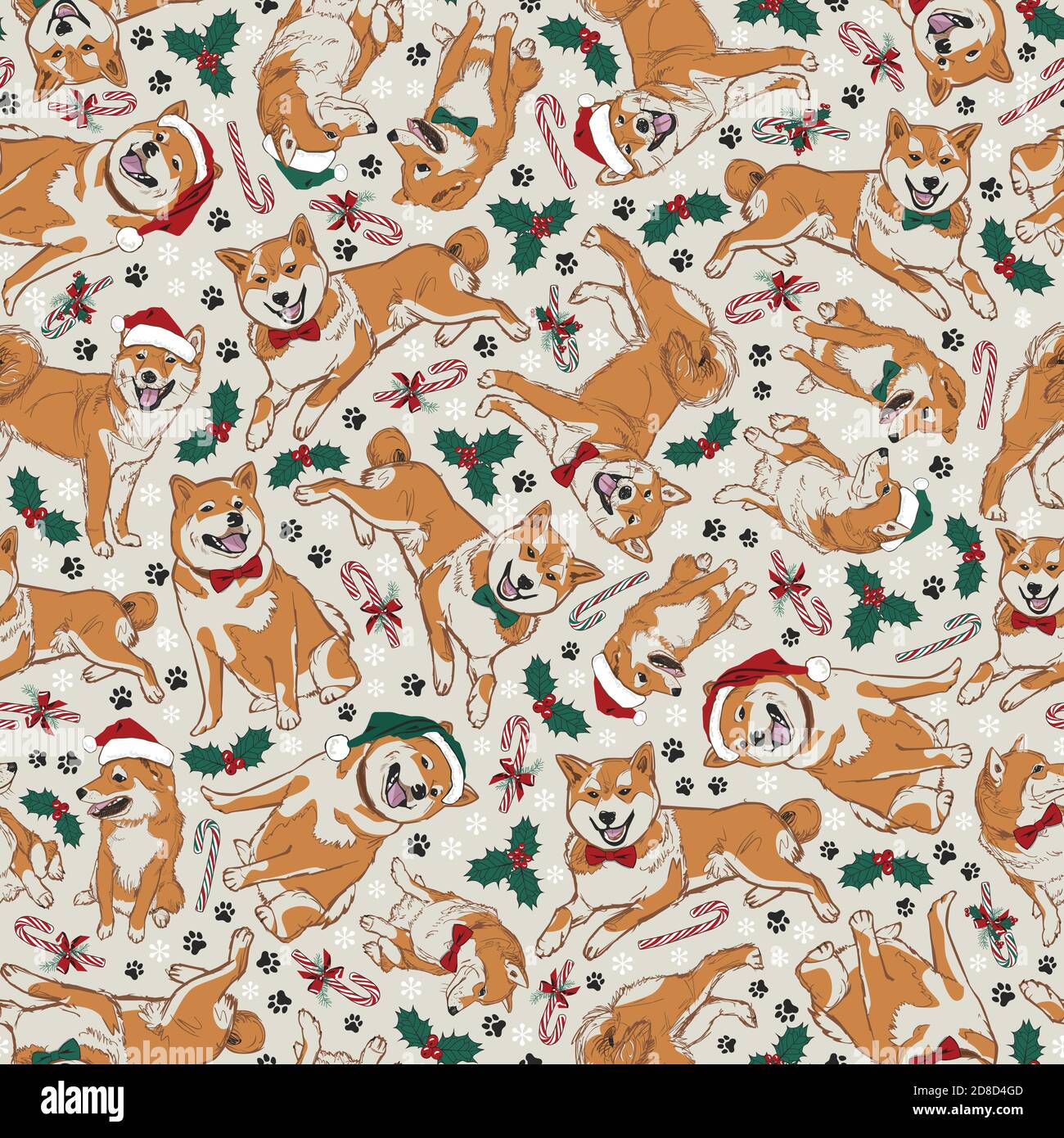 Vector beige shiba inu Christmas dogs multidirection seamless pattern ...