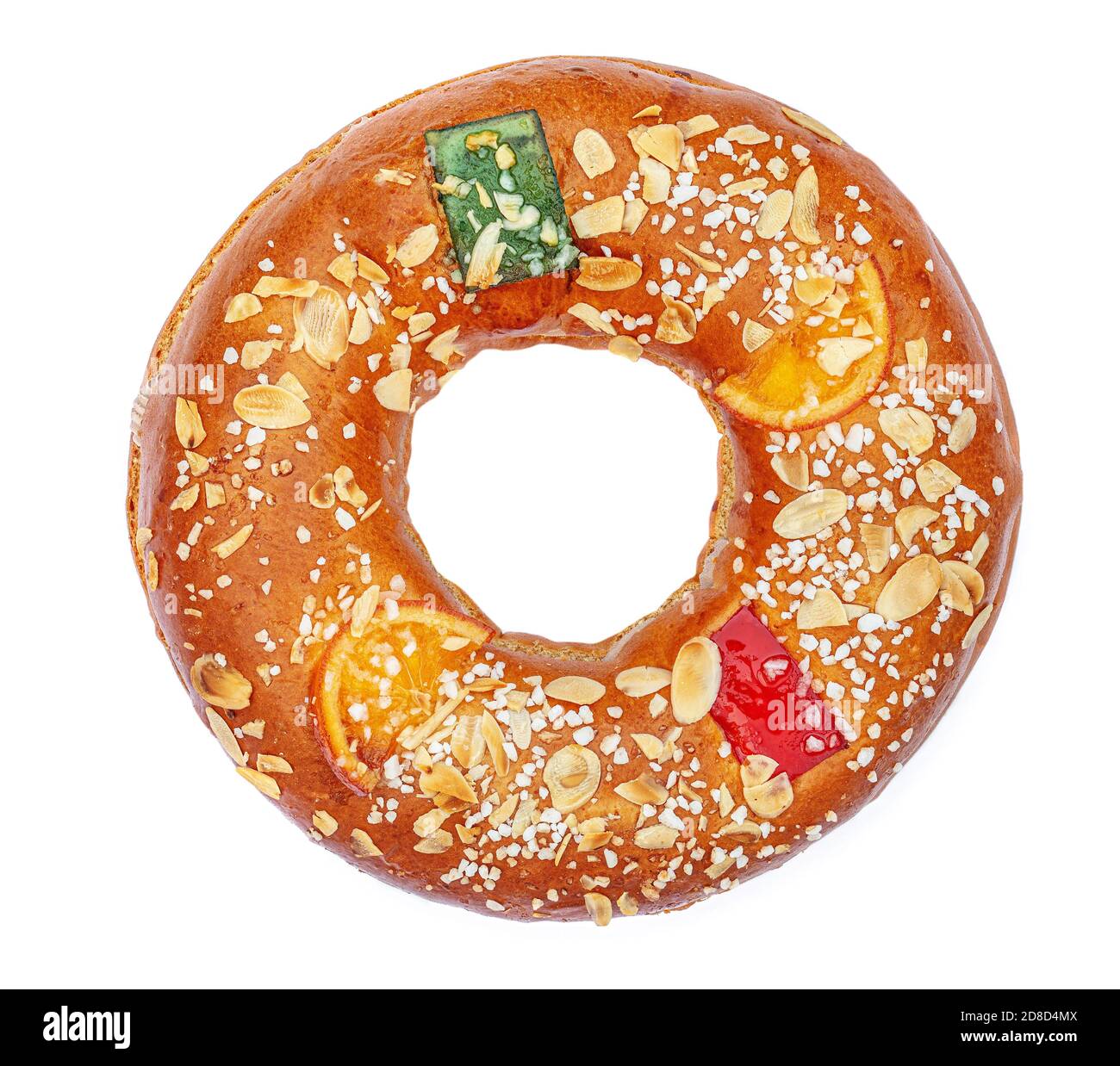 Christmas fruit cake  isolated on white background. Epiphany cake Roscon de Reyes top view Stock Photo