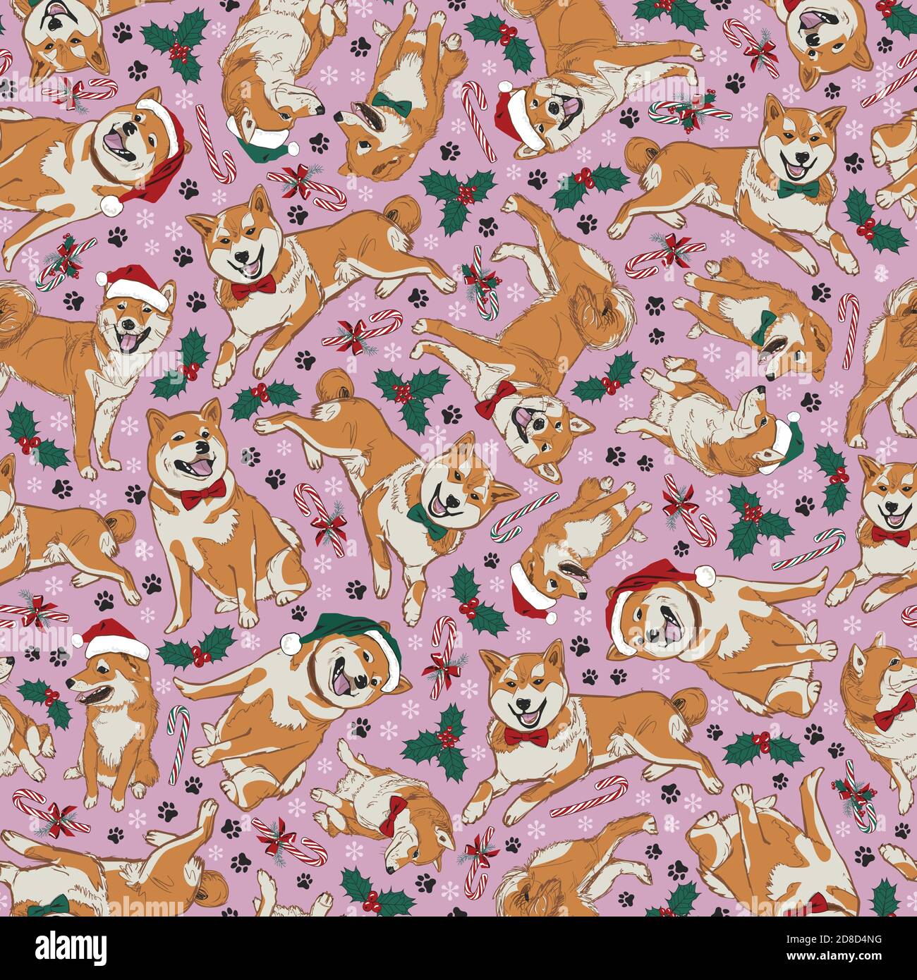 Vector pink shiba inu Christmas dogs multidirection seamless pattern