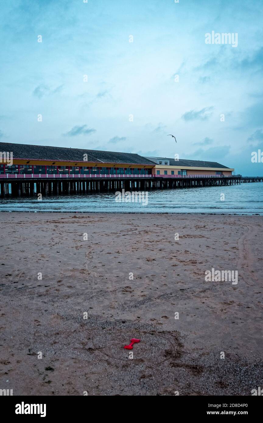 Empty Beach by Walton Pier at Dusk, Walton-on-the-Naze, Essex, England - 15 August 2020 Stock Photo