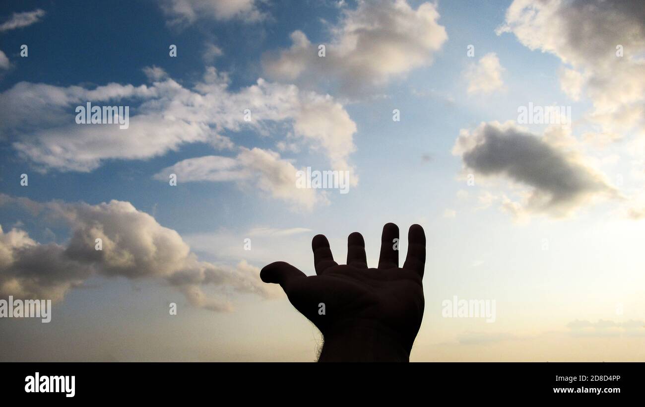 Hand of a man reaching to towards sky. Stock Photo