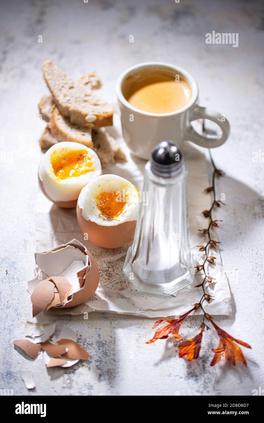 Healthy eggs breakfast.Winter morning.Low fat food and drink.Coffee time. Stock Photo