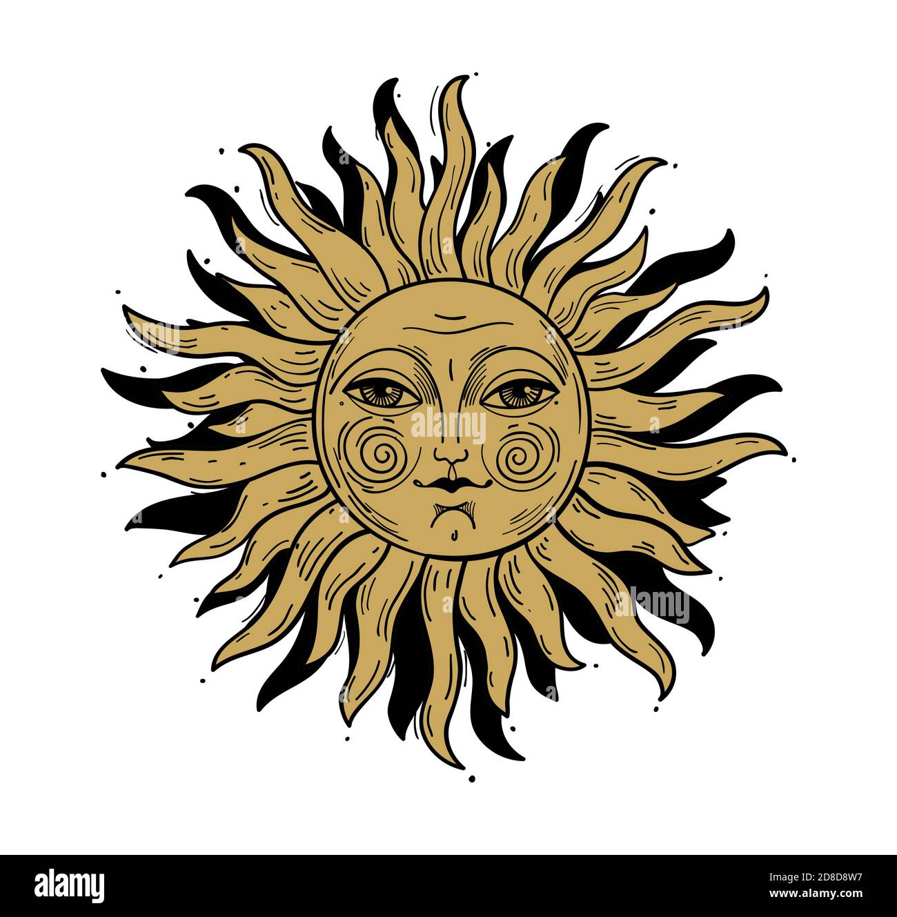 Modern pattern in vintage style, the sun with a face, engraving. Stock Vector