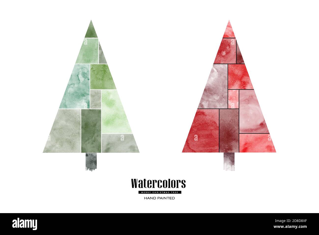 Set of Christmas trees green and red beautiful watercolor hand painted for creating greeting cards. Art minimal style elements isolated on a white bac Stock Vector