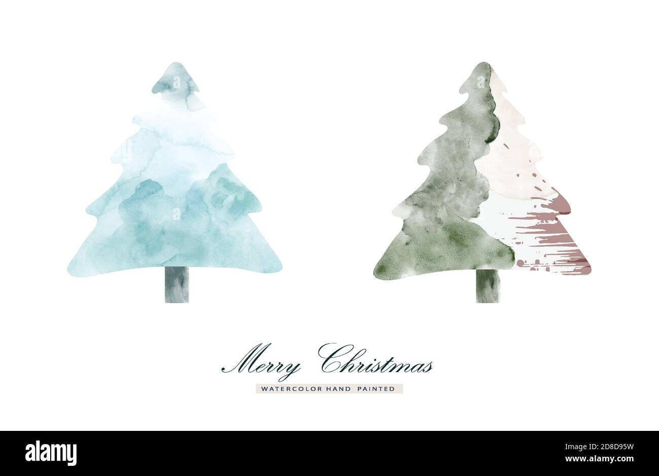 Set of Christmas trees stain watercolor hand painted for creating greeting cards. Art minimal style elements isolated on a white background for your d Stock Vector