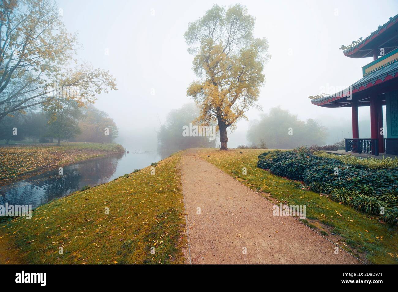 Foggy autumnal scene with Chinese Pagoda. Victoria Park, London, UK Stock Photo