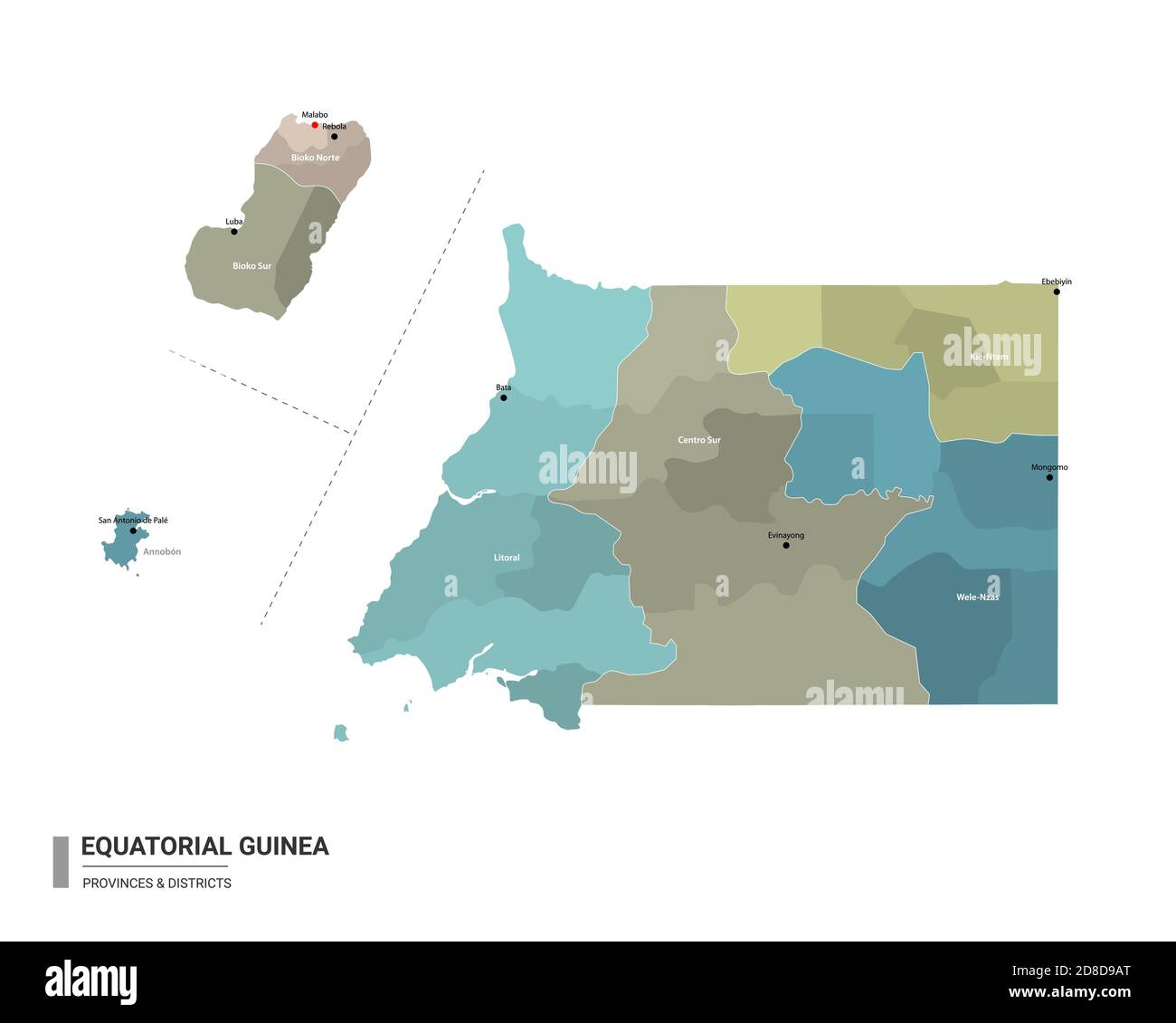 Equatorial Guinea higt detailed map with subdivisions. Administrative map of Equatorial Guinea with districts and cities name, colored by states and a Stock Vector