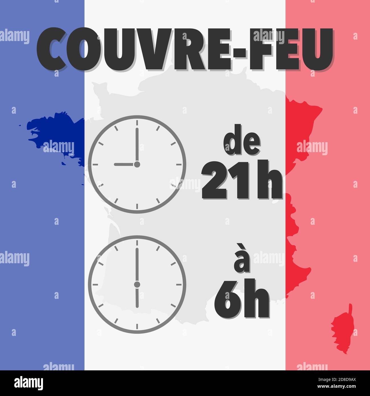 covid-19 coronavirus pandemic curfew from 21h to 6h, 9pm to 6am, in french language vector illustration Stock Vector