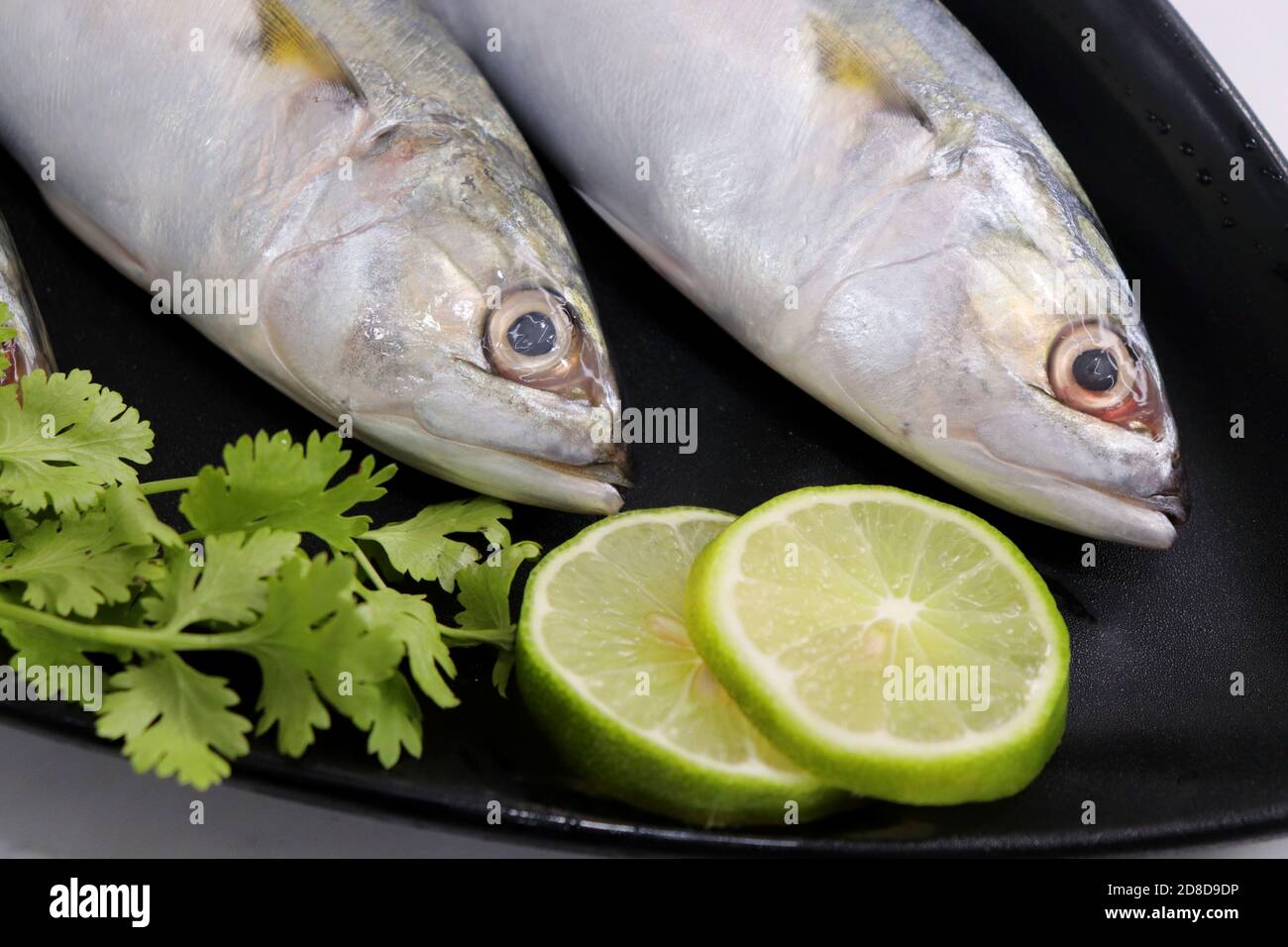 Uncooked Indian mackerel fish Rastrelliger kanagurta. also known as Bangda fish. Free copy space. Lemon wedge and coriander. top view fish background. Stock Photo