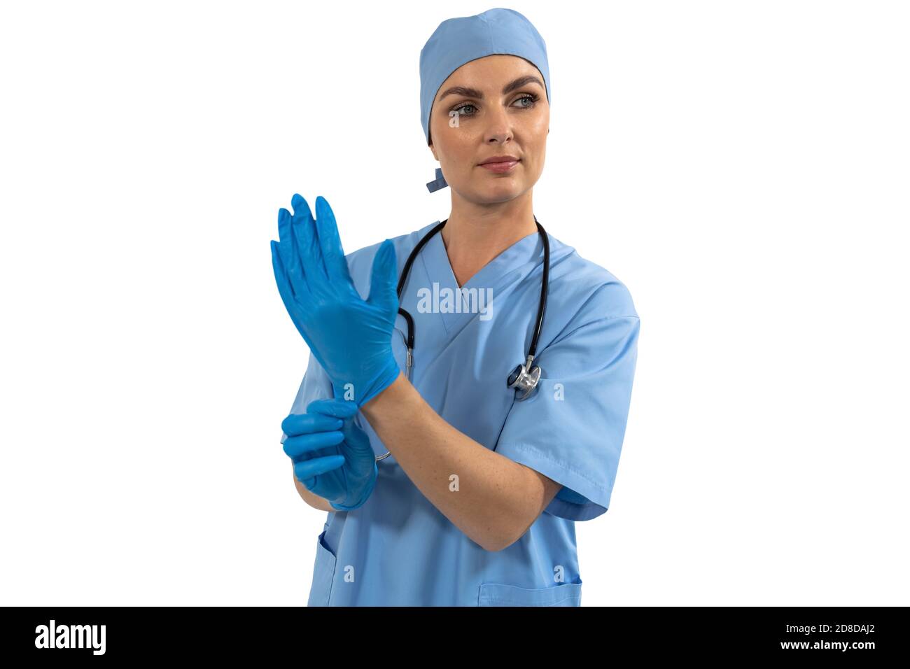 Female surgeon wearing protective gloves against white background Stock ...