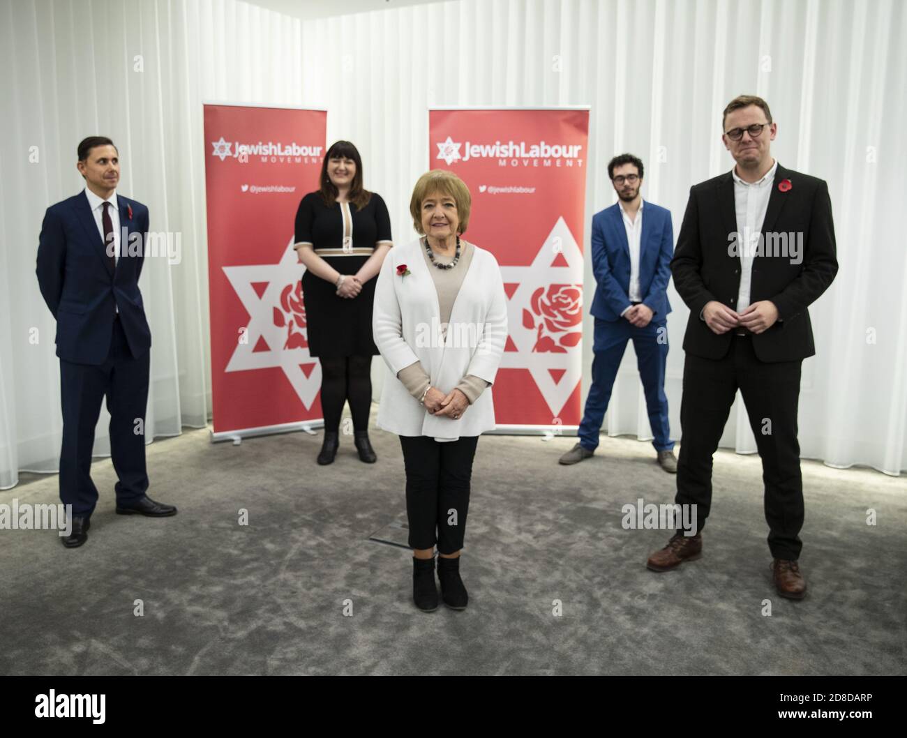 (back row left to right) Chair Mike Katz, Ruth Smeeth, Campaigns Officer Adam Langleben, (front row) Margaret Hodge and National Secretary Peter Mason, during a press conference by the Jewish Labour Movement at the offices of Mishcon de Reya in London, following the publication of damming anti-Semitism report by the Equality and Human Rights Commission (EHRC). Stock Photo