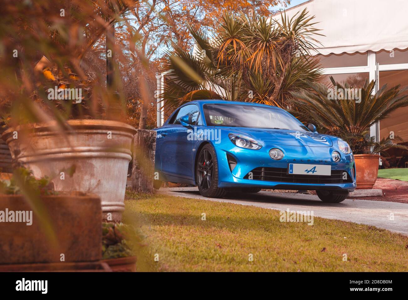 Vallines, Cantabria, Spain - October 23, 2020: Blue Alpine A110  2019 edition parked during an exhibition of super sports vehicles organized in Cantab Stock Photo