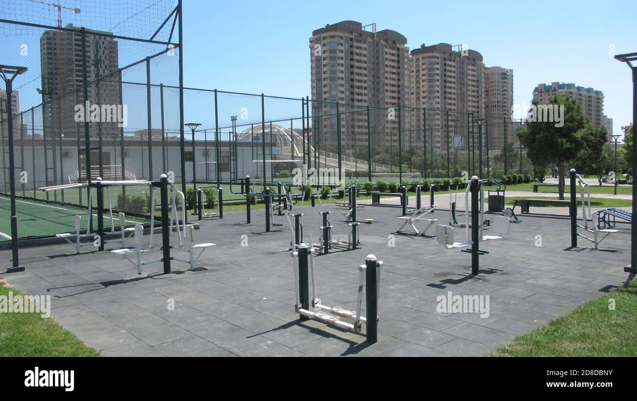 Baku, Azerbaijan, July 5 2020 : Park outdoor exercise equipments Stock Photo