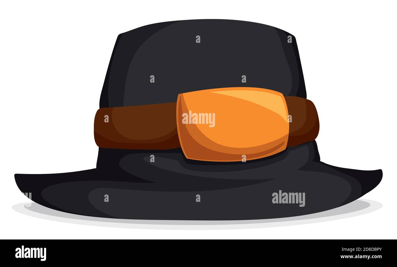 Black pilgrim hat with leather band and golden bucket in cartoon style, isolated over white background. Stock Vector