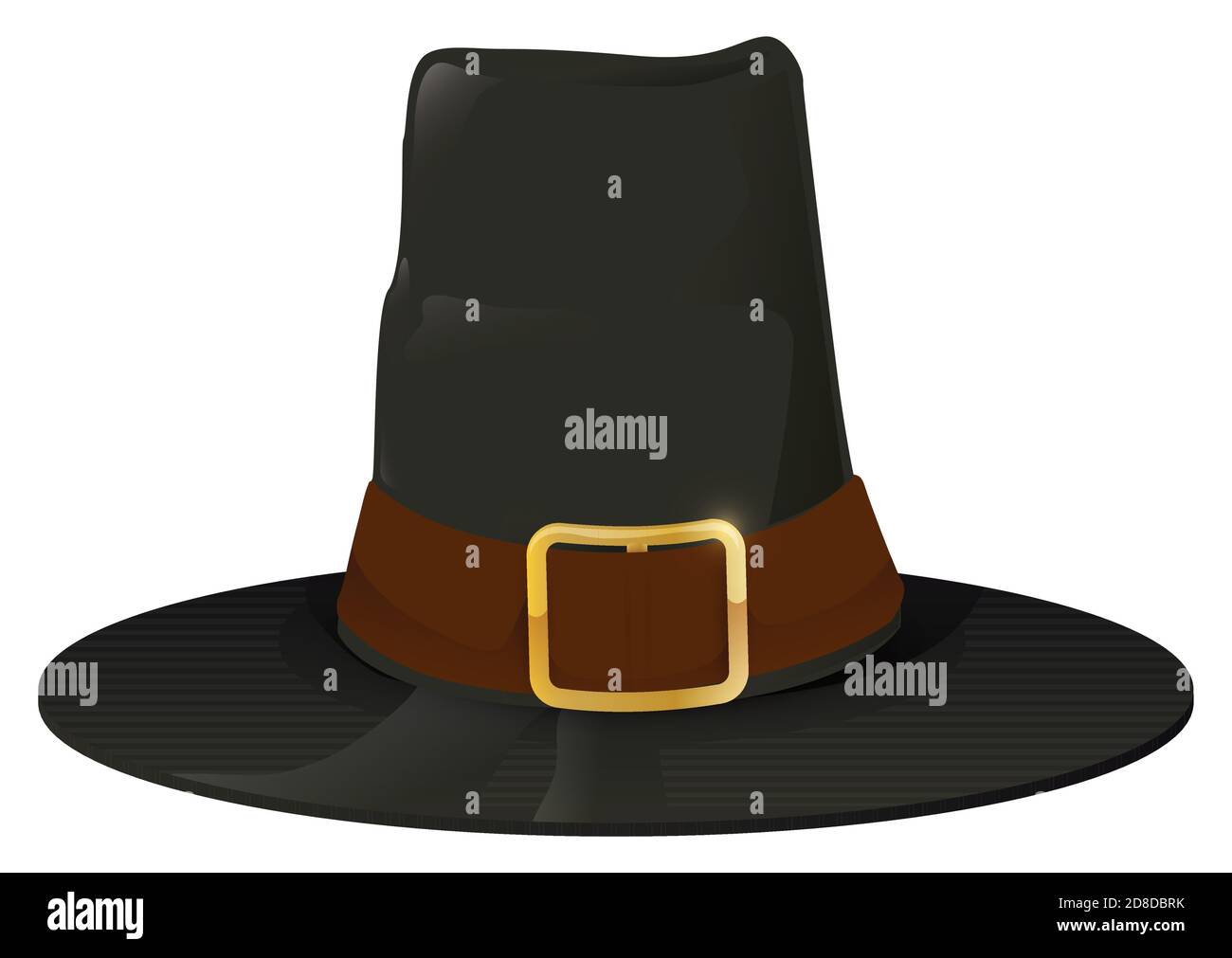 Pilgrim hat with dark and tall shape, leather band and golden buckle, isolated over white background. Stock Vector