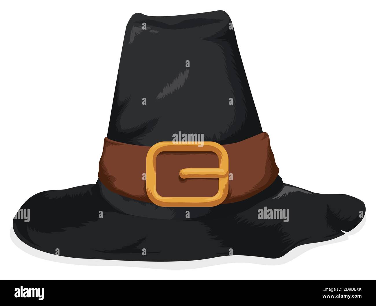 Old pilgrim hat with wrinkled and ragged brim, leather band and golden buckle, isolated over white background. Stock Vector