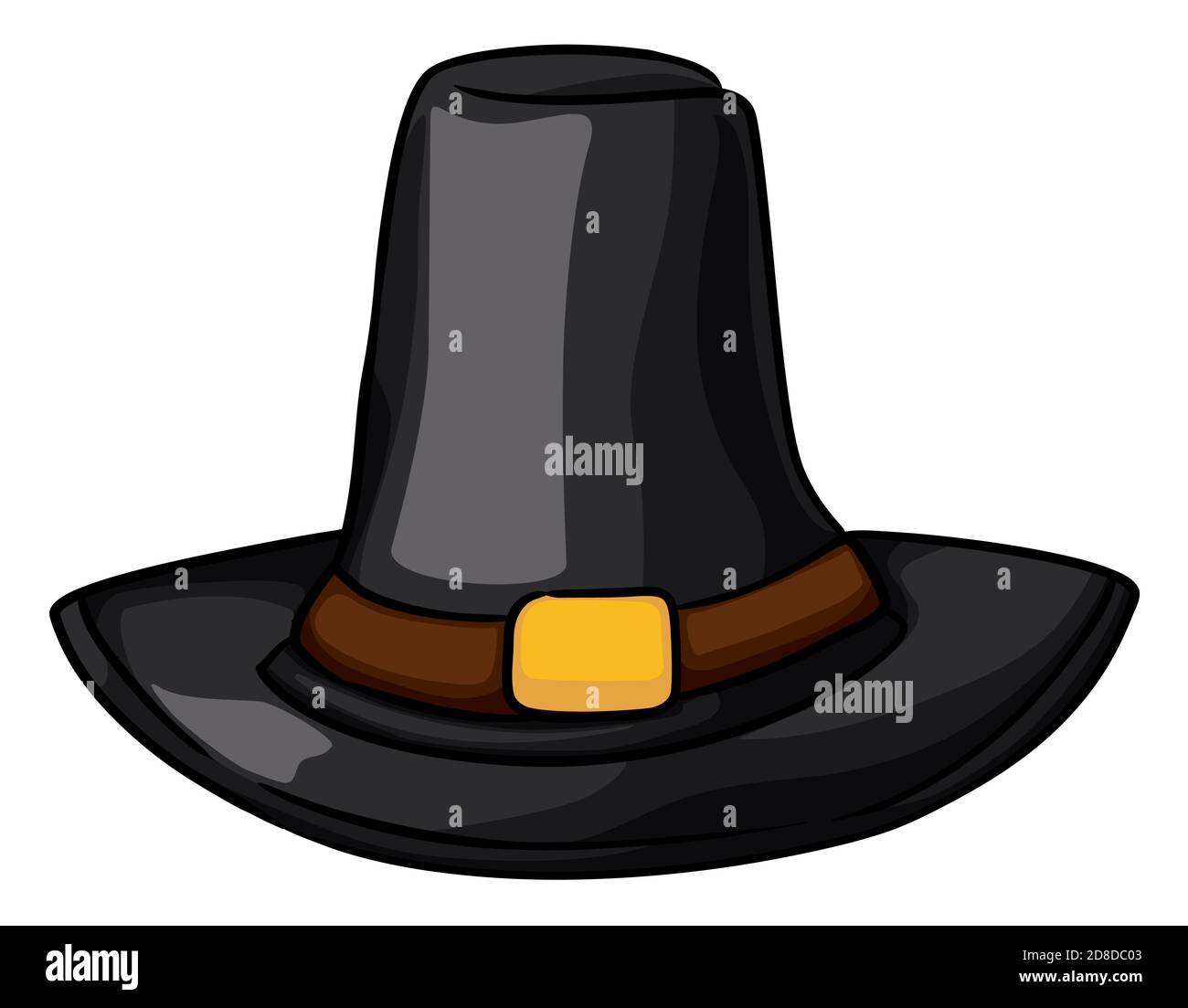 Black pilgrim hat with traditional band and golden buckle in cartoon and lines style, isolated over white background. Stock Vector
