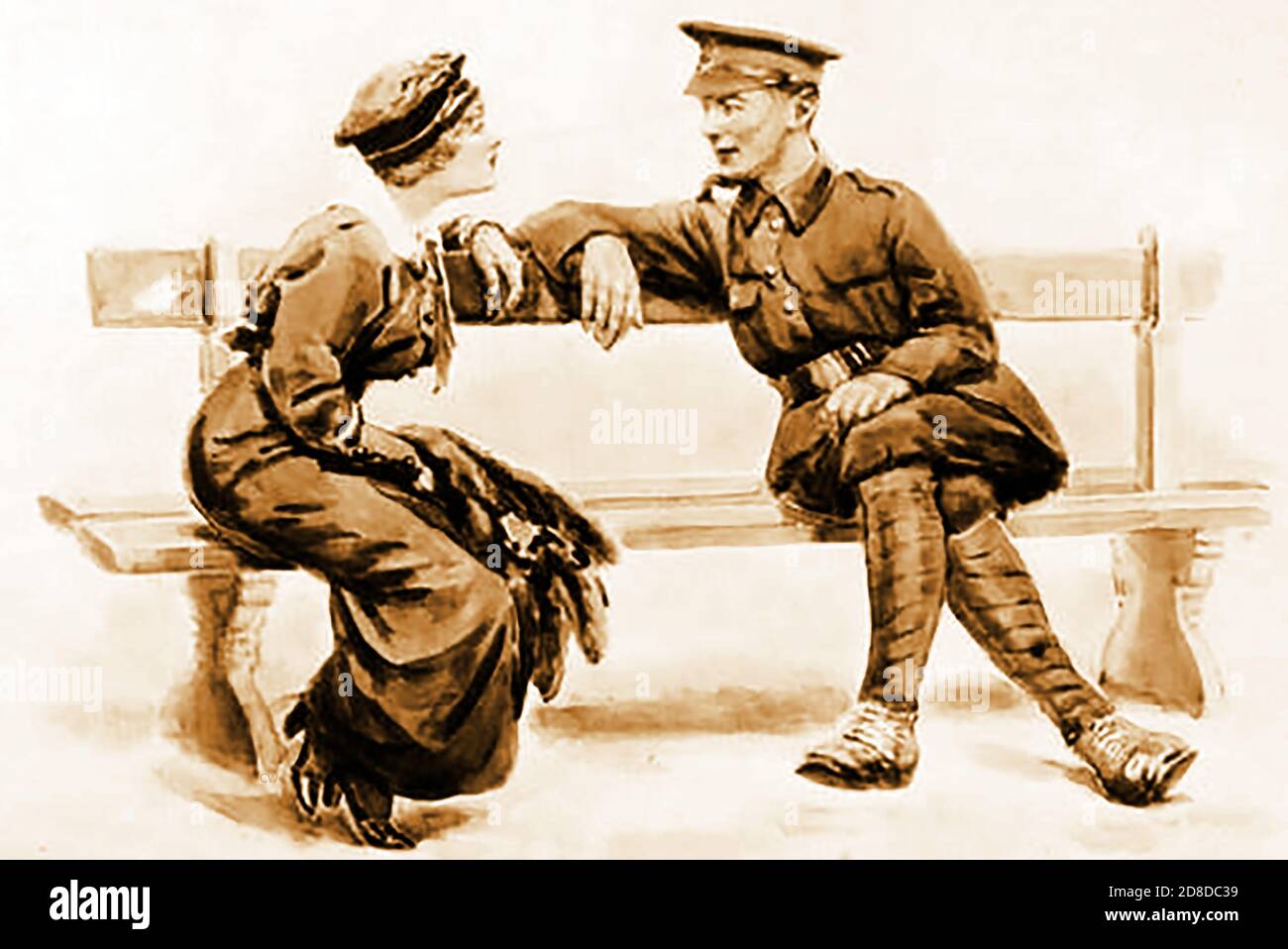 A World War One soldier home on leave talking to his wife or girlfriend on a park bench. Many men volunteered to fight in WWI but the Military Service Act of 27 January 1916  authorised conscription  Along with the Defence of the Realm Act, it brought Britain onto a “total war” footing. Stock Photo