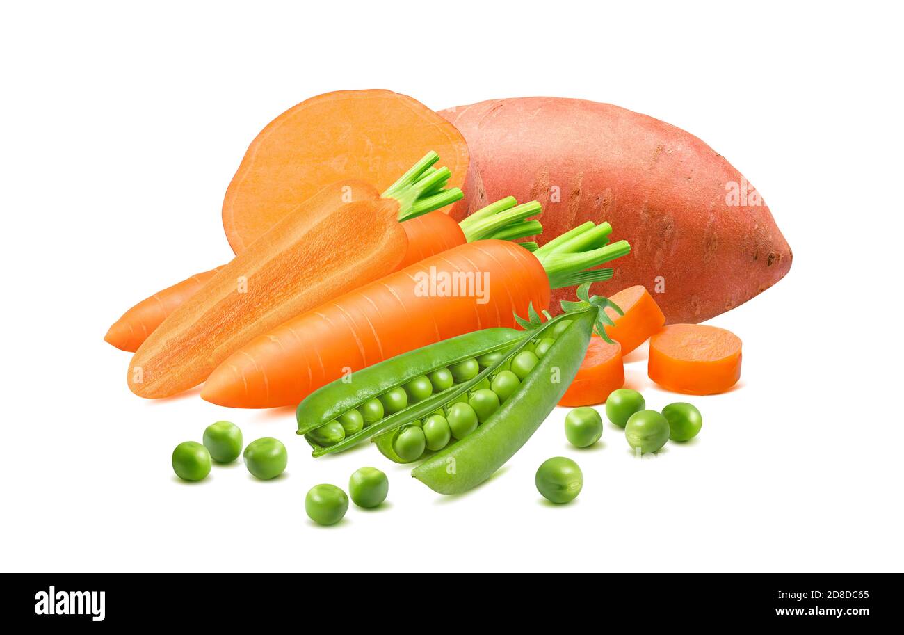 Sweet potato, carrots and green peas in pods isolated on white background. Package design element with clipping path Stock Photo
