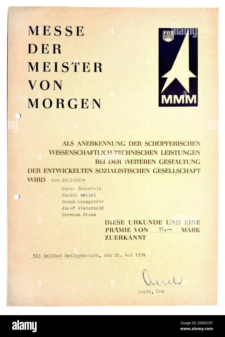 East German certificate from the 'Messe der Meister von Morgen' (a youth competition in the DDR) recognising five young people's 'inspired scientific- Stock Photo