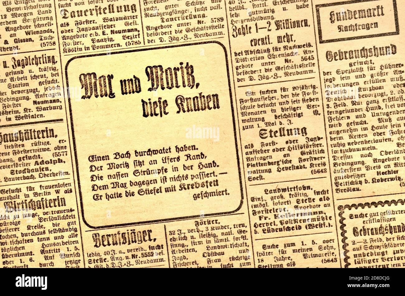 German document: Hunters' Newspaper / magazine: Deutsche Jaeger Zeitung (April 1923) classified ads at the back - Max and Moritz poem among job advert Stock Photo