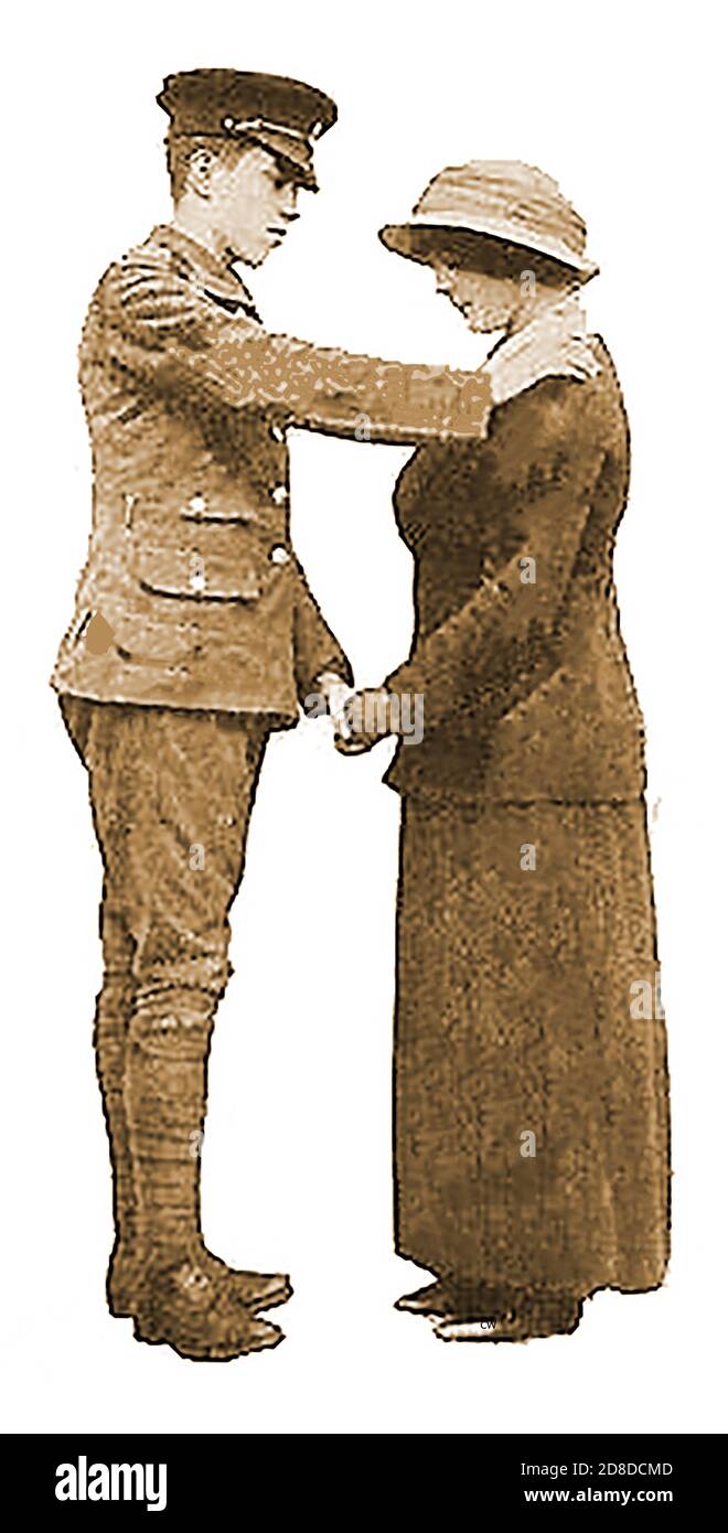 WWI - A young british soldier leaving home and saying goodbye (perhaps for the last time) to his girlfriend, wife or mother.  Many men volunteered to fight in WWI but the Military Service Act of 27 January 1916  authorised conscription  Along with the Defence of the Realm Act, it brought Britain onto a “total war” footing. Stock Photo