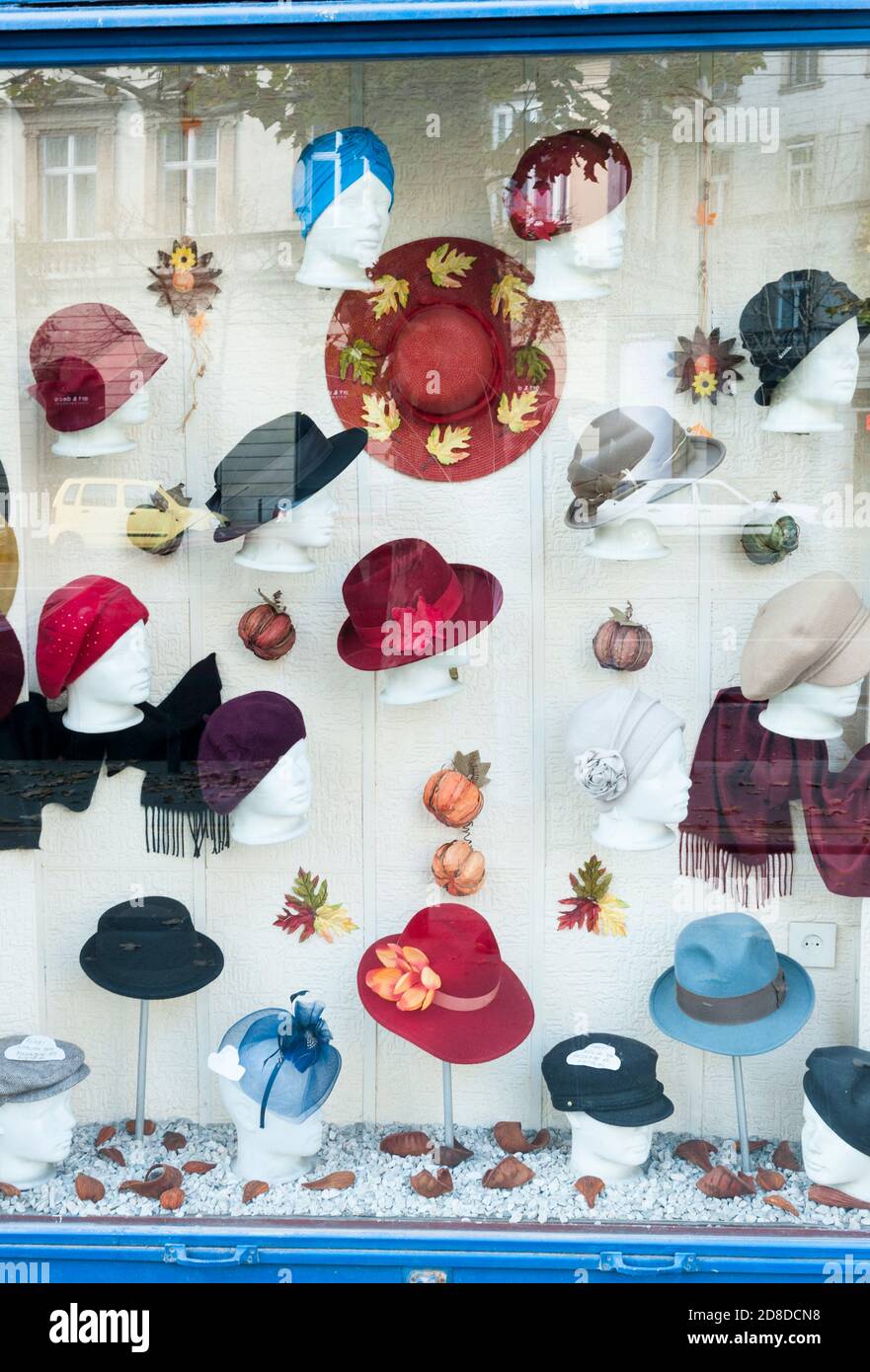 Hat shop window in Budapest , Hungary Stock Photo