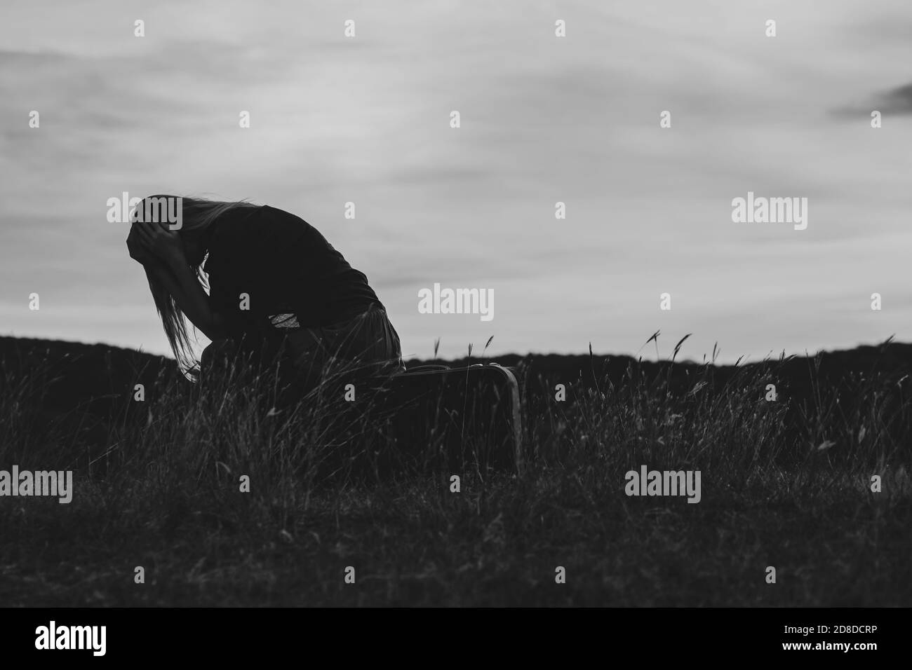 sad woman profile silhouette on black background with copy space, closed  eyes, monochrome Stock Photo - Alamy