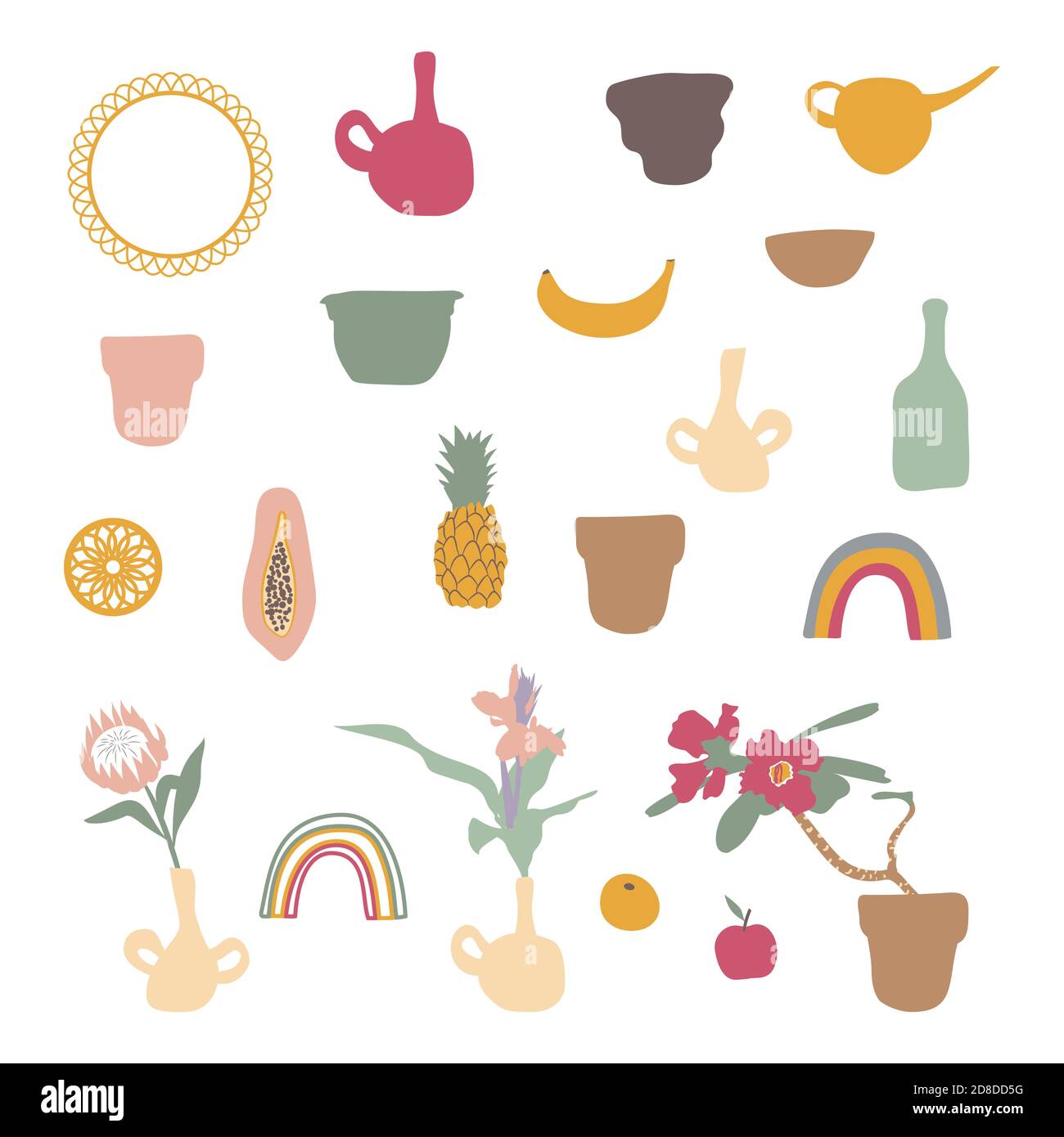 Set of boho tropical house plants and home decor objects. Flat vector ...