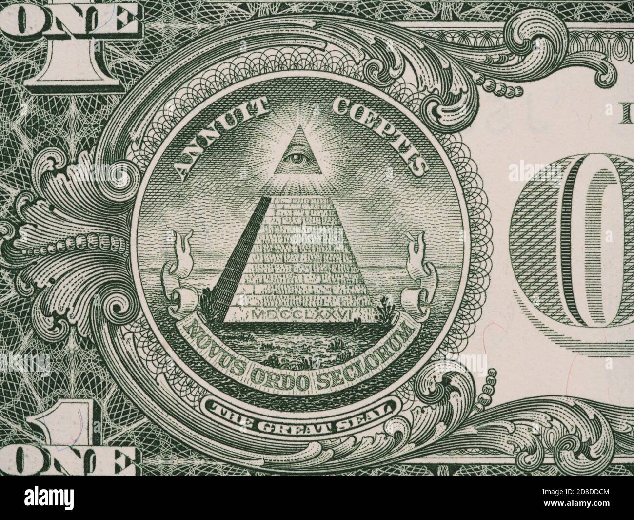 Reverse of US one dollar bill closeup macro, 1 usd banknote, great seal