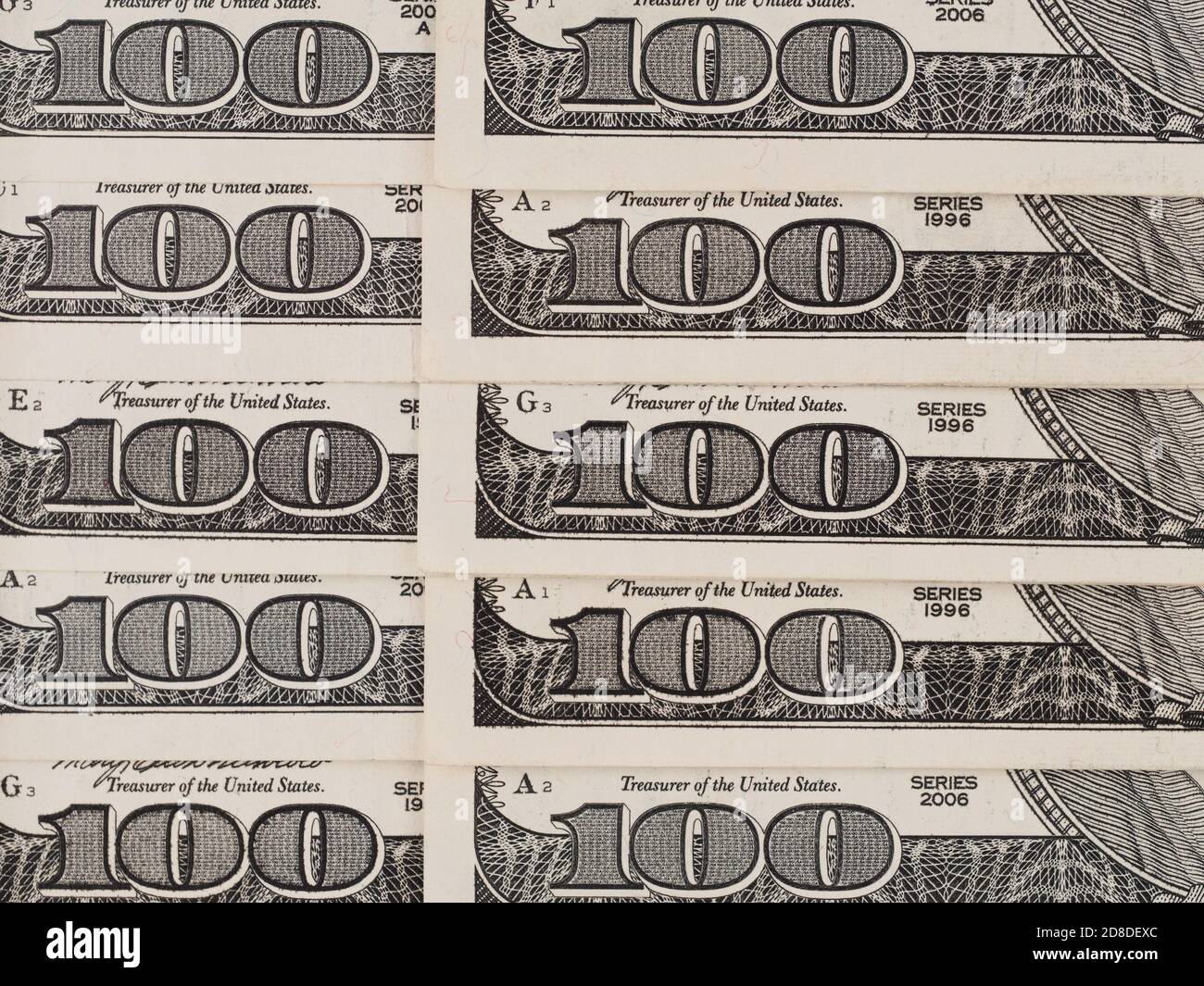 One thousand dollars, used us 100 dollar bills background, 1000 usd, united states money Stock Photo