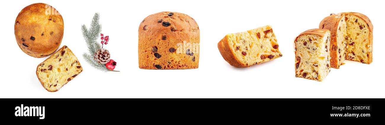 Set of Christmas cake  isolated on white background. Panettone or Fruit Festive  cake Top view. Stock Photo