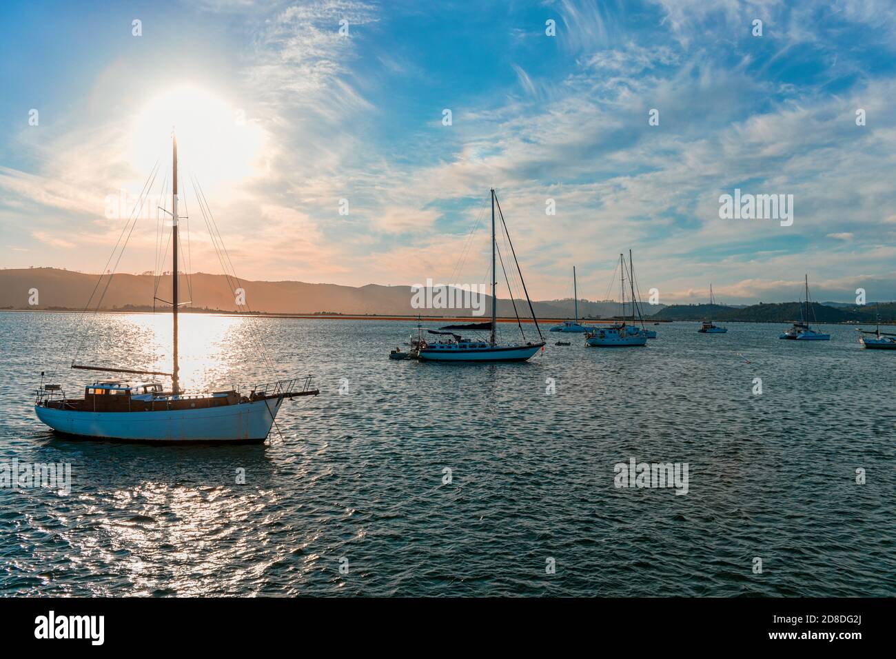 Private Boats at sunset in the Knysna Lagoon, Garden Route, South Africa Stock Photo