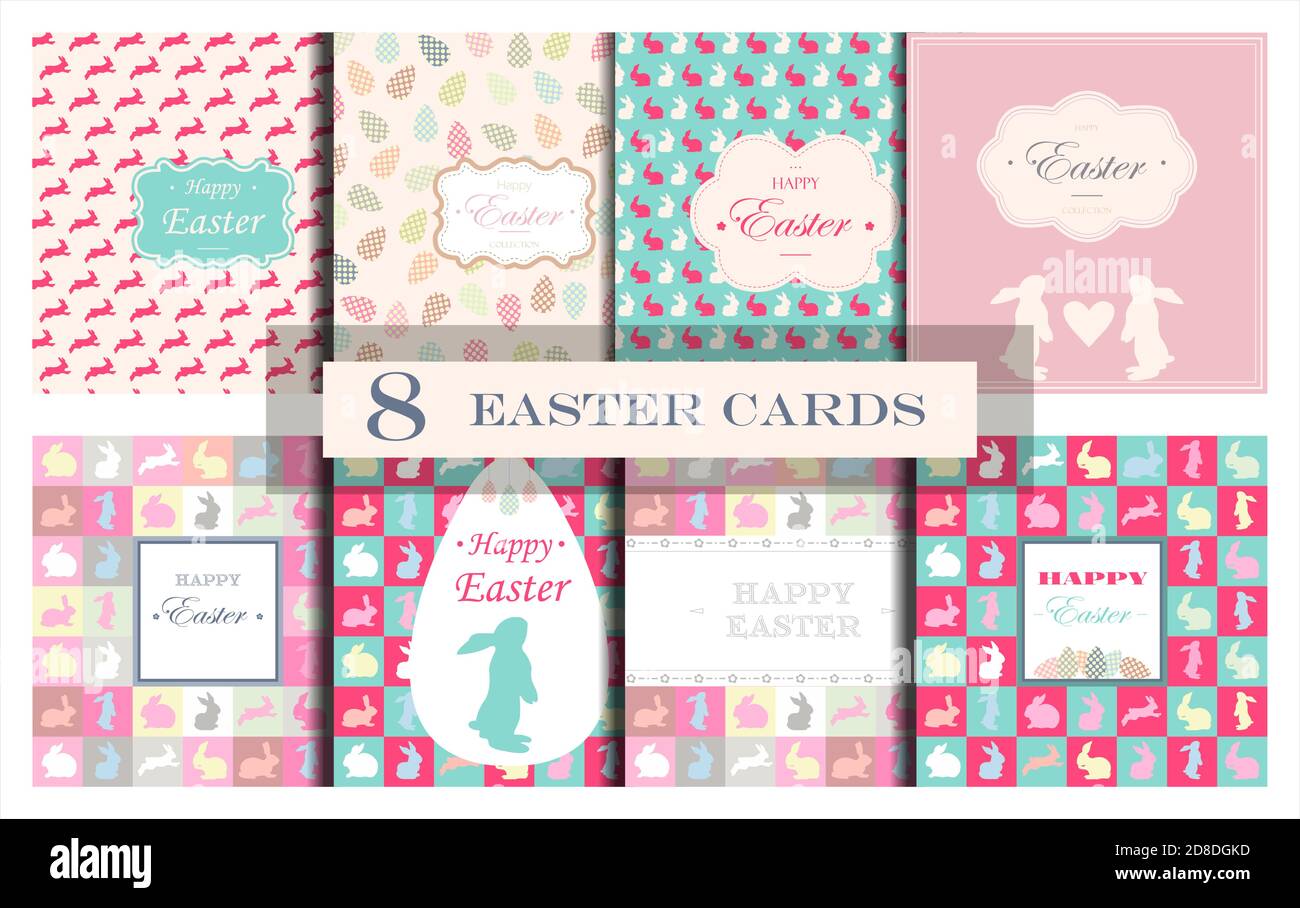 Set of Easter cards with silhouettes of rabbits. Cute flat cards for Christian holiday greetings. Large set for Easter discounts, advertising. Illustrations for a website, app, brochure, or flyer. Easter holiday cards with rabbit bunny silhouettes in soft pastel colors. Stock Vector